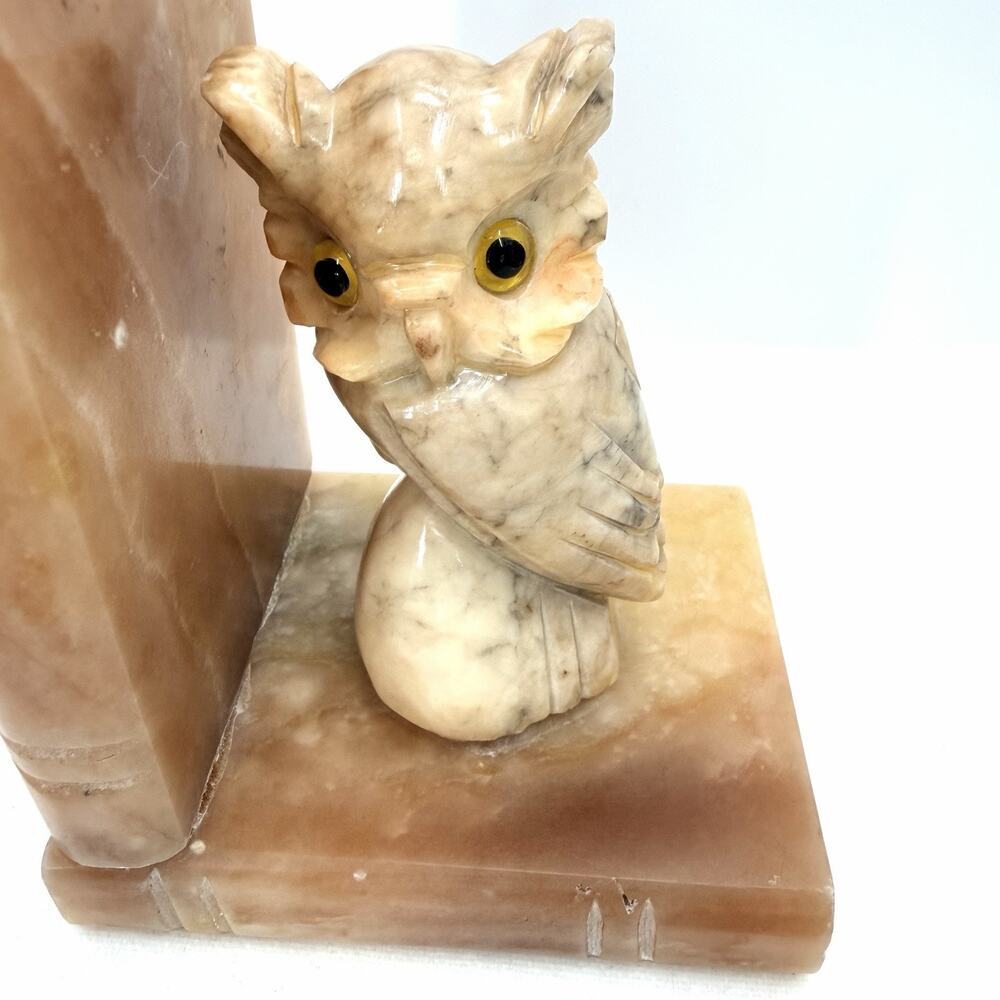 Vintage Hand Carved Alabaster Marble Owl Bookend Glass Eyes Made In Italy - Picture 2 of 12